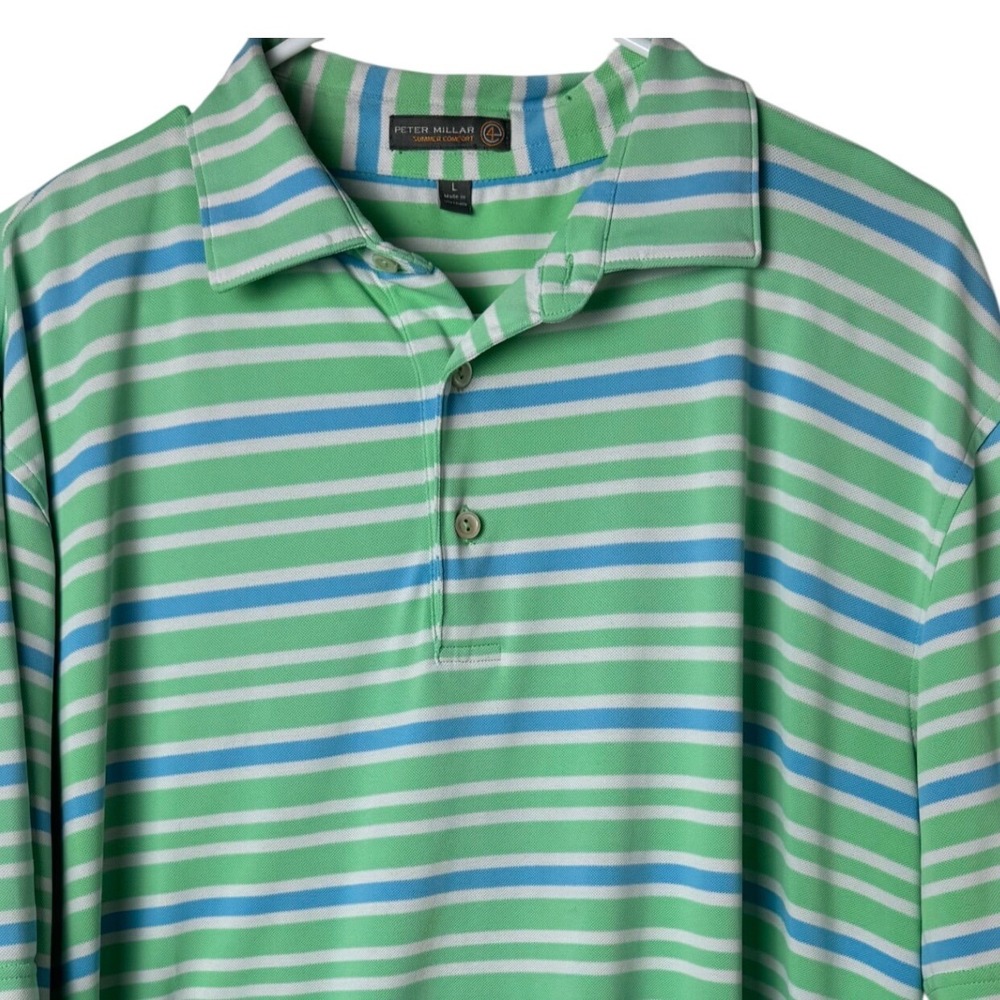 Peter Millar Polo Shirt Mens L Green Blue Striped Summer Comfort Cascata Golf